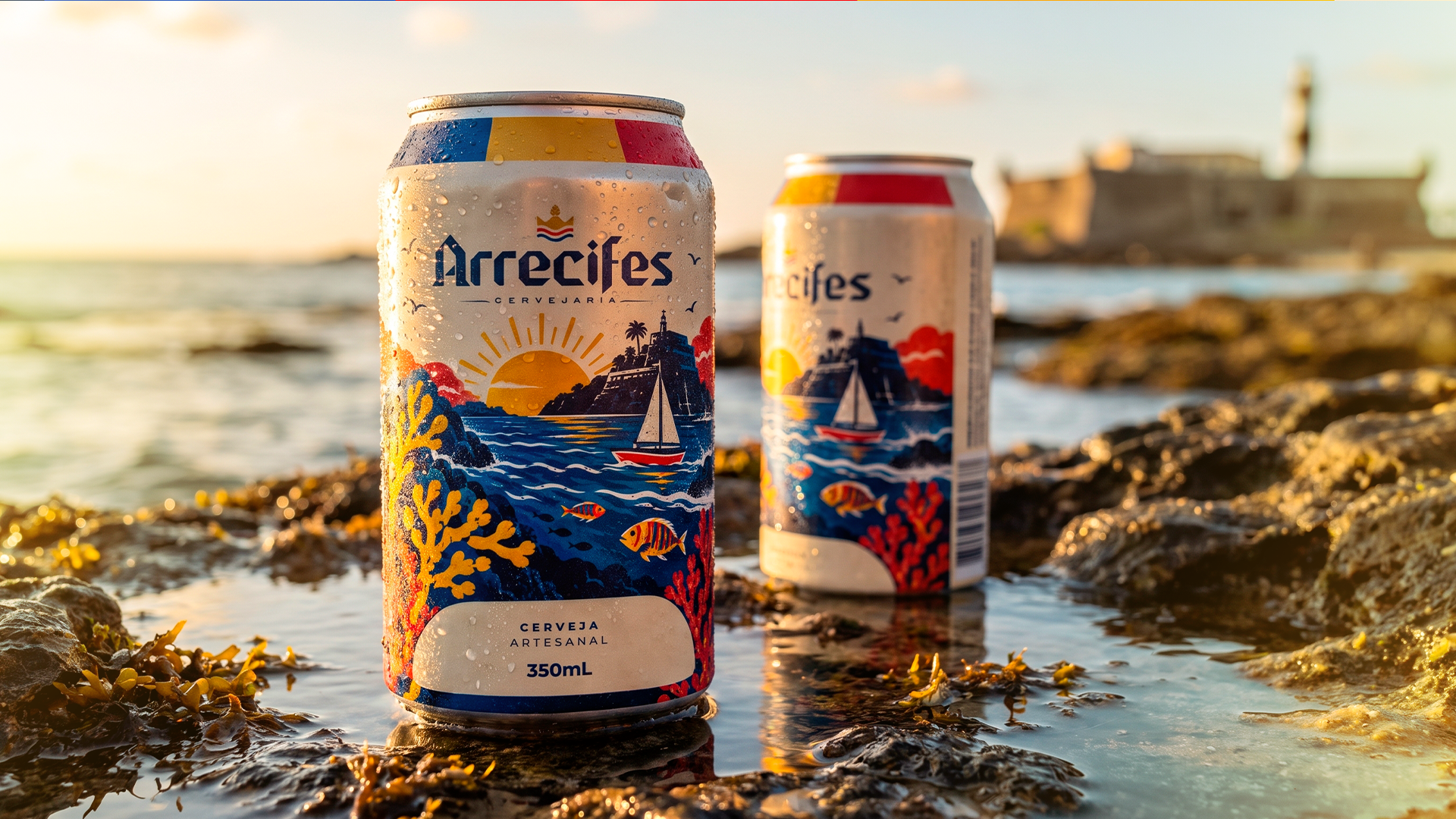 Lata de cerveja artesanal Arrecifes nas pedras ao pôr do sol