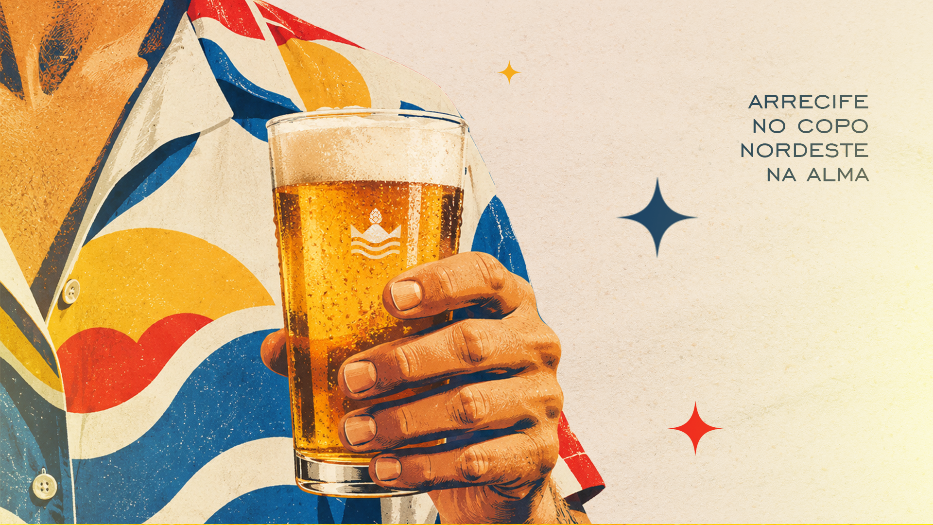 Garrafa de cerveja âmbar com rótulo Arrecifes